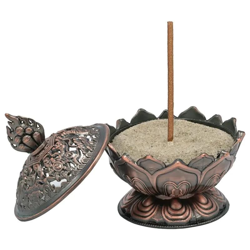 Bruciaincenso Fiore di Loto con simboli Buon Auspicio Tibetani - RAME | Scopri su Clorophilla Shop