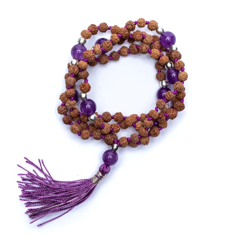 Mala Tibetana Rudraksha e Ametista con Nappa - Collana Rosario 108 Grani | Scopri su Clorophilla Shop