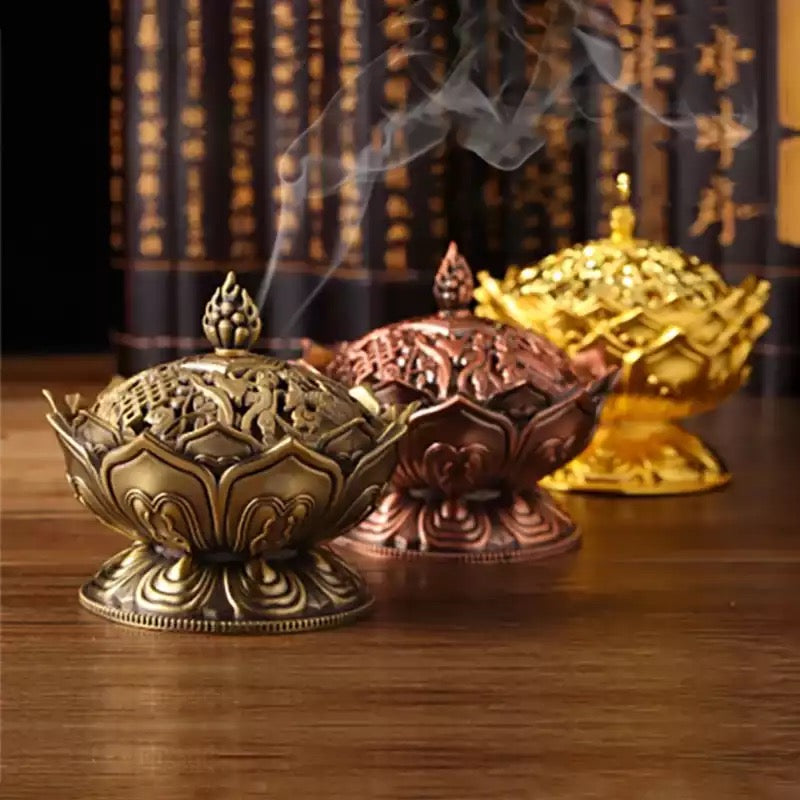 Bruciaincenso Fiore di Loto con simboli Buon Auspicio Tibetani - RAME | Scopri su Clorophilla Shop