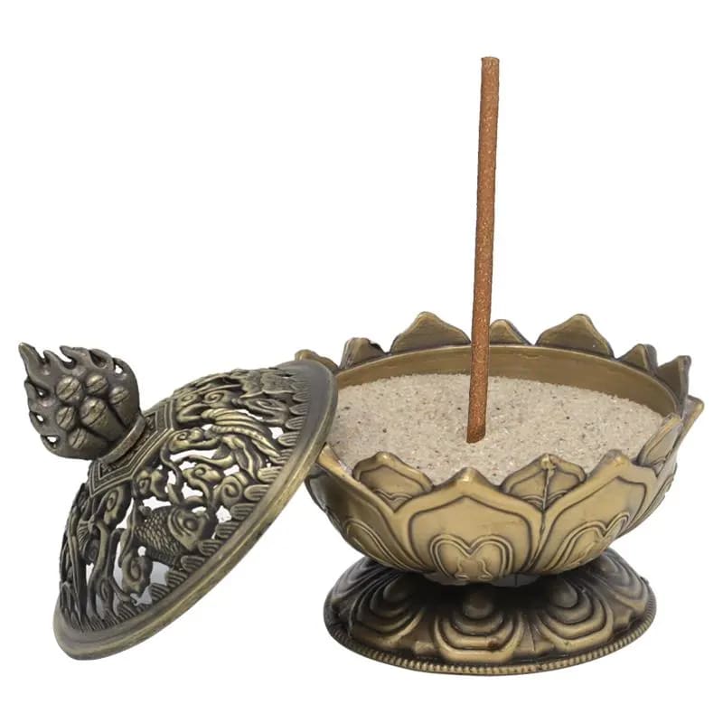 Bruciaincenso Fiore di Loto con simboli Buon Auspicio Tibetani - Bronzo | Scopri su Clorophilla Shop