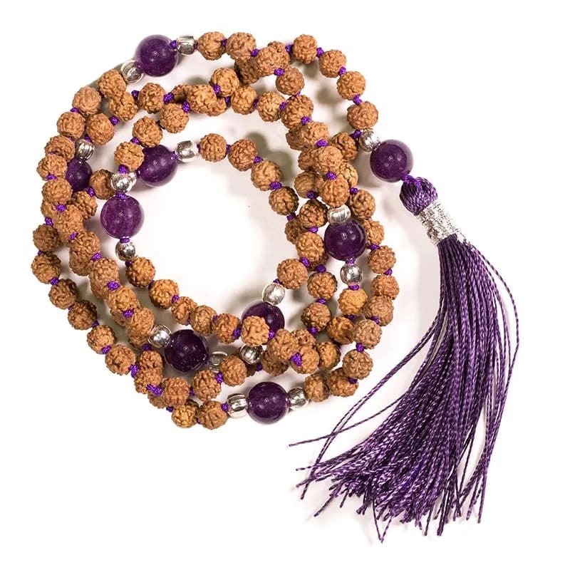 Mala Tibetana Rudraksha e Ametista con Nappa - Collana Rosario 108 Grani | Scopri su Clorophilla Shop