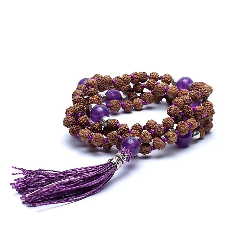 Mala Tibetana Rudraksha e Ametista con Nappa - Collana Rosario 108 Grani | Scopri su Clorophilla Shop
