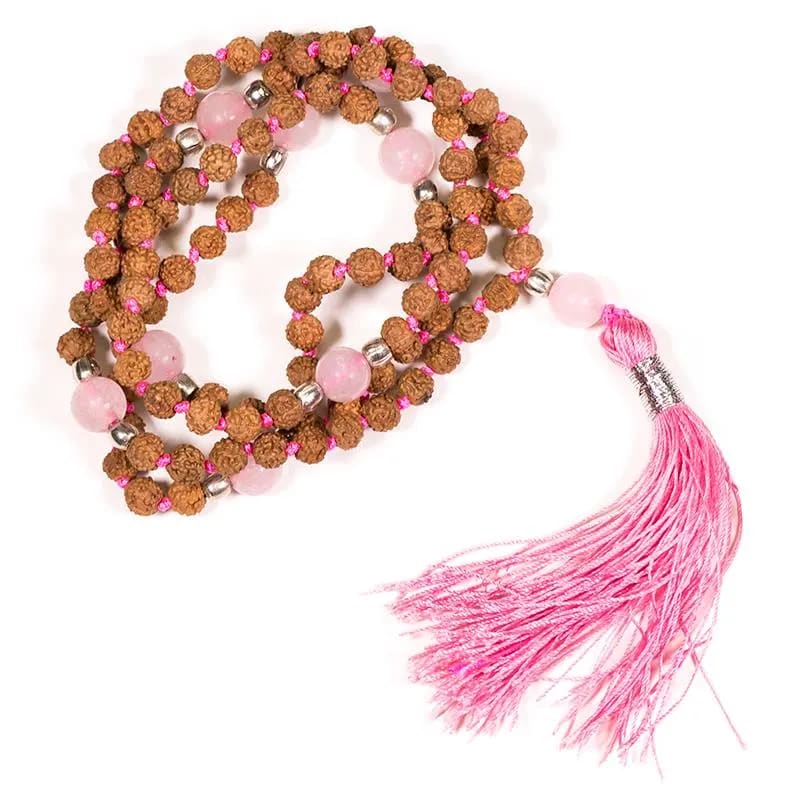 Mala Tibetana Rudraksha e Quarzo Rosa - Collana Rosario 108 Grani | Scopri su Clorophilla Shop
