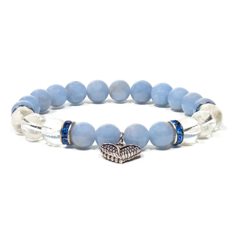 Bracciale elastico in Cristallo di Rocca e Angelite con ala d'angelo | Scopri su Clorophilla Shop