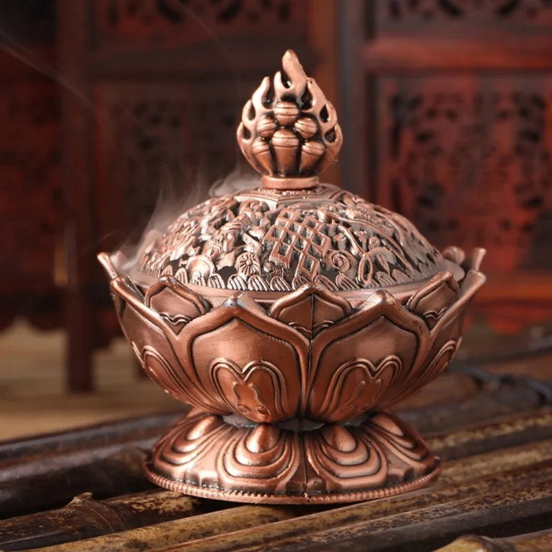 Bruciaincenso Fiore di Loto con simboli Buon Auspicio Tibetani - RAME | Scopri su Clorophilla Shop