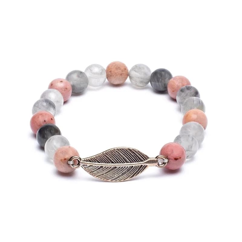 Bracciale in Rodonite e Quarzo Grigio con piuma - 21 grani | Scopri su Clorophilla Shop
