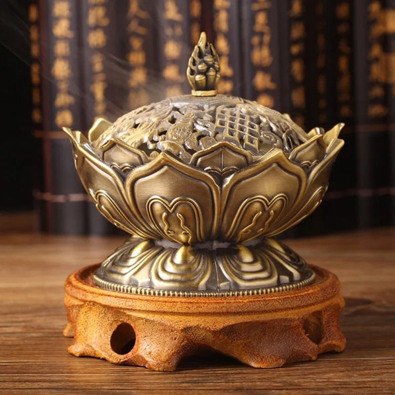 Bruciaincenso Fiore di Loto con simboli Buon Auspicio Tibetani - Bronzo | Scopri su Clorophilla Shop
