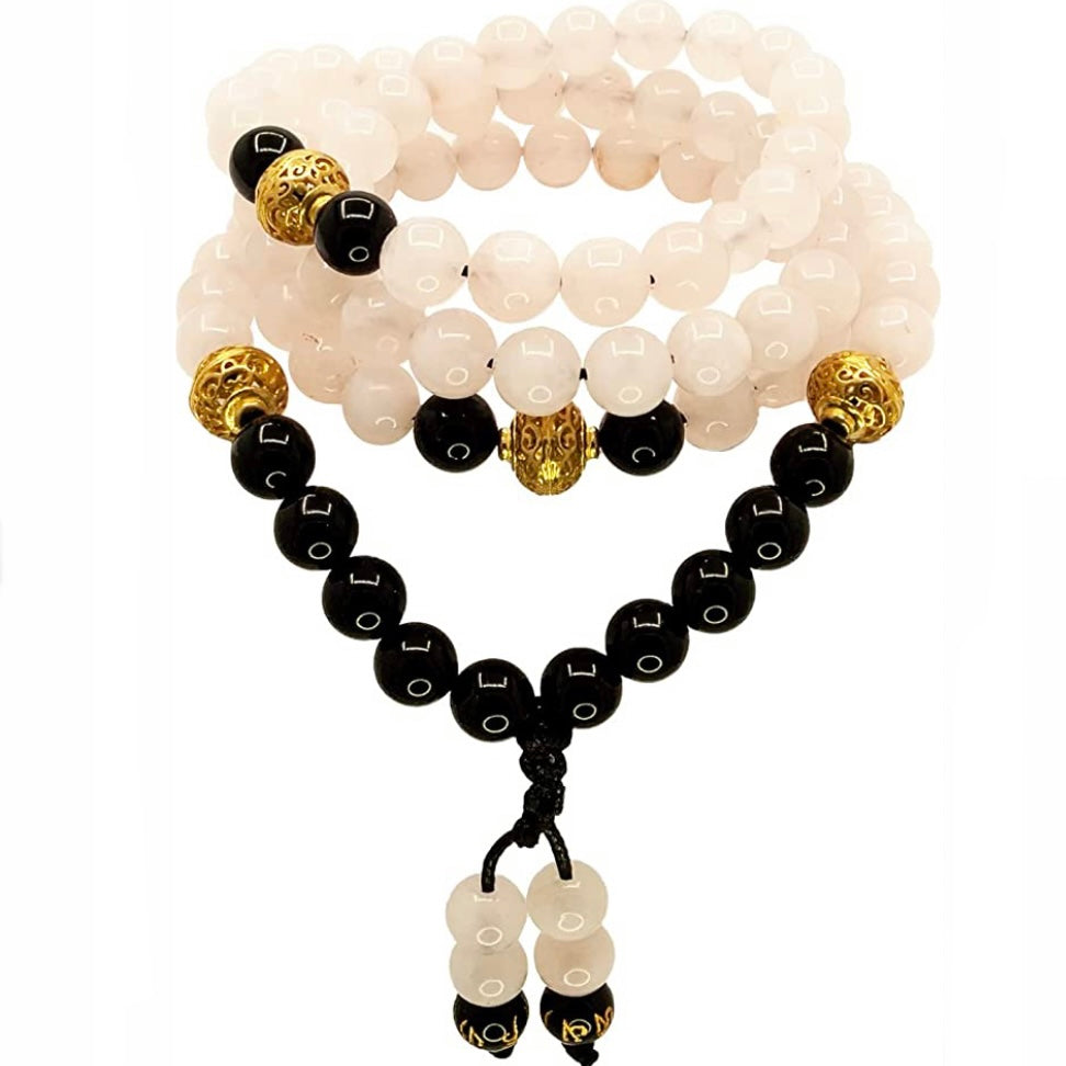 SAMSARA MALA TIBETANA IN QUARZO ROSA E ONICE NERO - Armonia, protezione e pace interiore | Scopri su Clorophilla Shop
